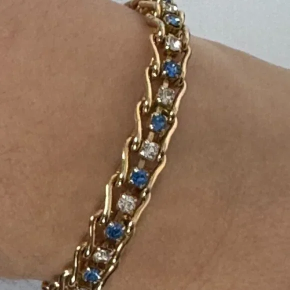 Blue White Rhinestones Tennis Bracelet Gold-Tone Fashion Jewelry - Picture 1 of 10